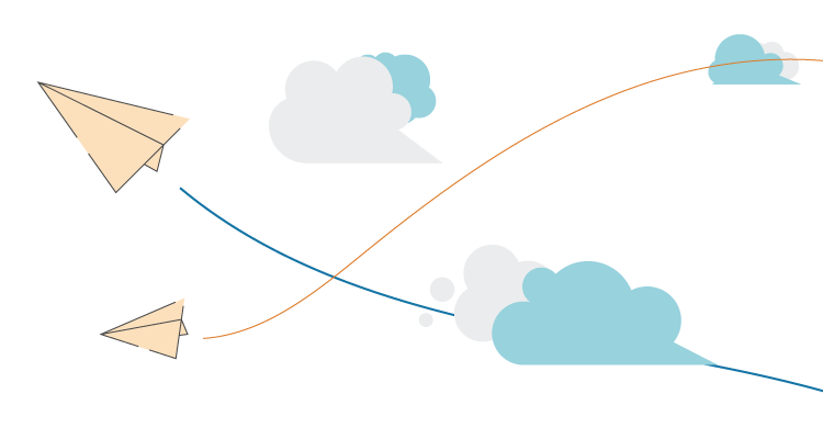 Illustration of paper airplanes and thought clouds 