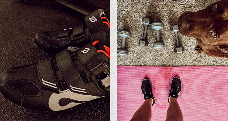 Peloton spin shoes beside a photo of a dog with its owner, ready for a workout