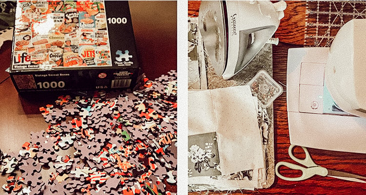 A 1000 piece puzzle in progress beside an image of a sewing machine and supplies creatively laid out